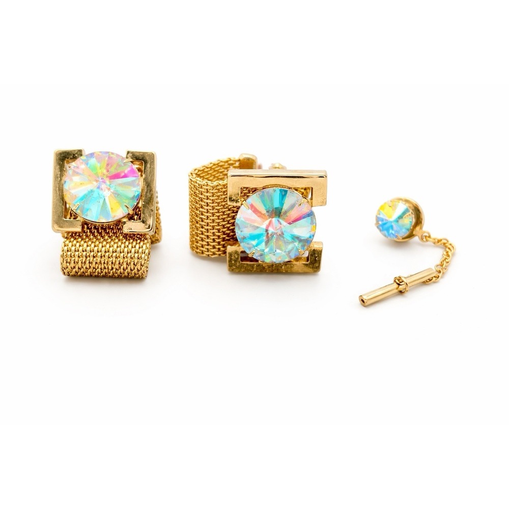 Vintage Cufflinks Tie Tack Set Gold Tone Aurora Borealis‎ Rhinestone Mesh Wrap